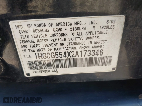 2002 Honda Accord LX with VIN 1HGCG554X2A173346, listed as a IAAI auction lot 42503168 with 235,249 mi miles and . Bid and sale history available at DreamBid. Image 9.
