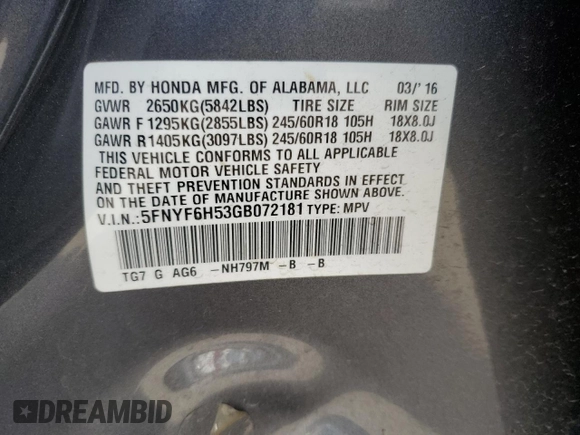 2016 Honda Pilot EX-L z VIN 5FNYF6H53GB072181, wystawiony jako Copart lot #54626075 z przebiegiem 125 568 mil mil oraz Szkoda całkowita • Salvage title. Historia ofert i sprzedaży dostępna na DreamBid. Obrazek 13.