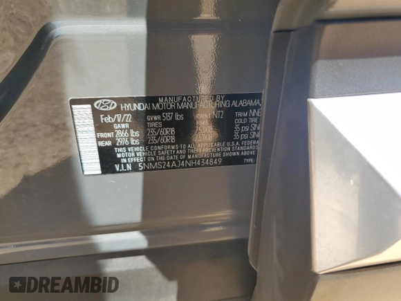 2022 Hyundai Santa Fe SEL with VIN 5NMS24AJ4NH434849, listed as a Copart auction lot 52390315 with 20,694 mi miles and Non Repairable. Bid and sale history available at DreamBid. Image 16.