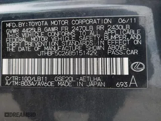 2011 Lexus IS 250 with VIN JTHBF5C26B5151429, listed as a IAAI auction lot 41800260 with 123,079 mi miles. Bid and sale history available at carsss.com. Image 9.