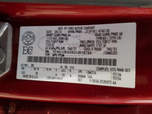 2013 Ford Escape SE with VIN 1FMCU9GX6DUB18752, listed as a Copart auction lot 88481935 with 173,881 mi miles and Salvage title. Bid and sale history available at DreamBid. Image 13.