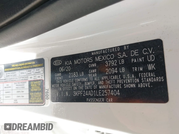 2020 Kia Forte LXS with VIN 3KPF24AD1LE257404, listed as a IAAI auction lot 41853440 with 48,475 mi miles. Bid and sale history available at carsss.com. Image 9.