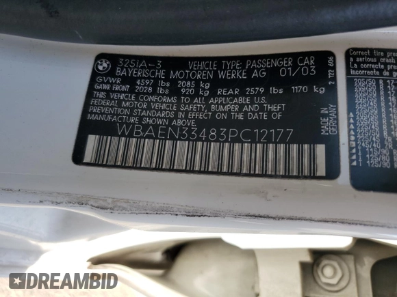 2003 BMW 3 Series 325i with VIN WBAEN33483PC12177, listed as a Copart auction lot 54206945 with 125,512 mi miles and Salvage Title. Bid and sale history available at DreamBid. Image 12.
