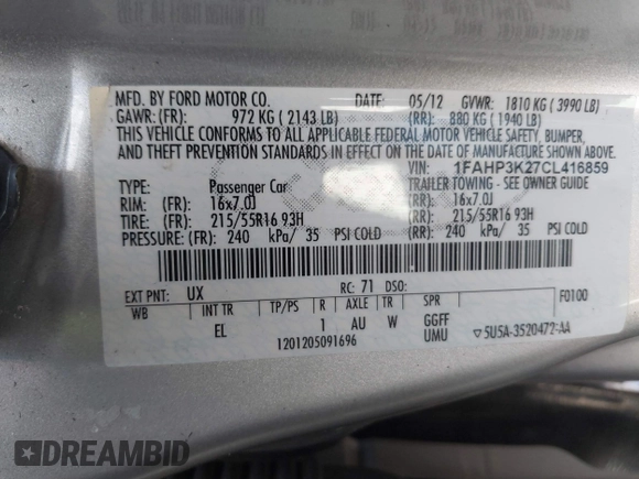 2012 Ford Focus SE z VIN 1FAHP3K27CL416859, wystawiony jako IAAI lot #41418565 z przebiegiem 114 525 mil mil oraz . Historia ofert i sprzedaży dostępna na DreamBid. Obrazek 9.