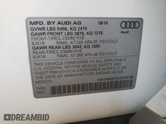 2018 Audi Q5 Premium Plus with VIN WA1BNAFY2J2204165, listed as a Copart auction lot 69651452 with 40,572 mi miles. Bid and sale history available at carsss.com. Image 14.