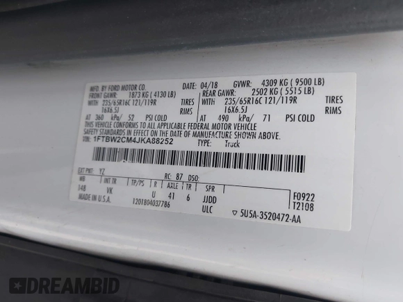 2018 Ford Transit with VIN 1FTBW2CM4JKA88252, listed as a IAAI auction lot 42058971 with 63,456 mi miles and . Bid and sale history available at carsss.com. Image 9.
