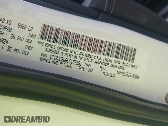 2014 Jeep Grand Cherokee Limited with VIN 1C4RJEBG6EC157551, listed as a IAAI auction lot 42006861 with 159,536 mi miles and . Bid and sale history available at DreamBid. Image 9.