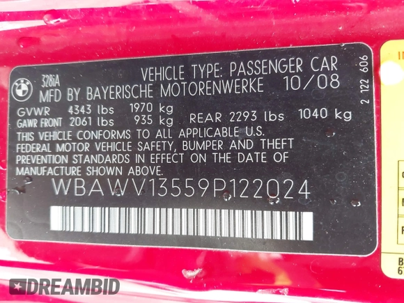 2009 BMW 3 Series 328i with VIN WBAWV13559P122024, listed as a IAAI auction lot 41783065 with 236,193 mi miles and . Bid and sale history available at DreamBid. Image 9.