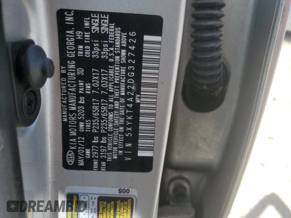 2013 Kia Sorento LX with VIN 5XYKT4A22DG327426, listed as a Copart auction lot 52212045 with 153,820 mi miles and Salvage Title. Bid and sale history available at carsss.com. Image 13.