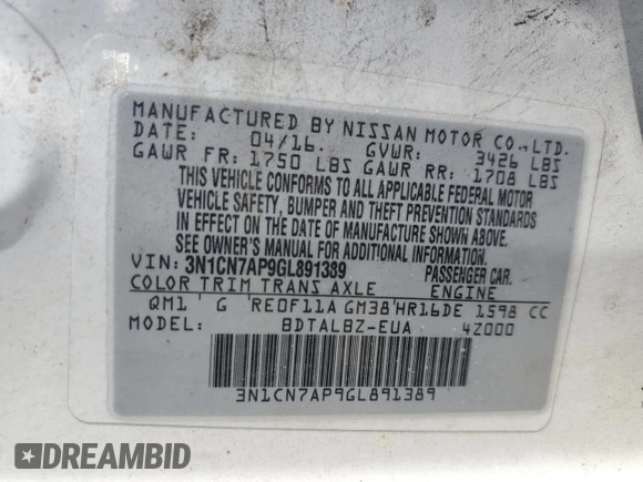 2016 Nissan Versa SV z VIN 3N1CN7AP9GL891389, wystawiony jako Copart lot #64146755 z przebiegiem 84 995 mil mil oraz Szkoda całkowita • Salvage title. Historia ofert i sprzedaży dostępna na DreamBid. Obrazek 12.