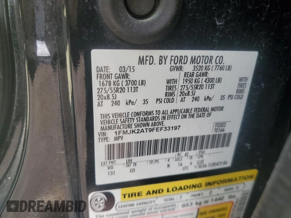2015 Ford Expedition Max Limited z VIN 1FMJK2AT9FEF33197, wystawiony jako Copart lot #57990925 z przebiegiem 119 524 mil mil oraz Szkoda całkowita • Salvage title. Historia ofert i sprzedaży dostępna na DreamBid. Obrazek 13.