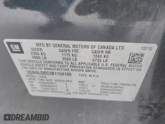 2011 Chevrolet Equinox LT w/1LT with VIN 2GNALDEC3B1194186, listed as a IAAI auction lot 42181129 with 194,137 mi miles. Bid and sale history available at carsss.com. Image 9.