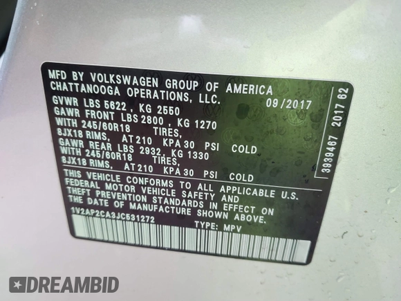 2018 Volkswagen Atlas S with VIN 1V2AP2CA3JC531272, listed as a IAAI auction lot 41224191 with 127,276 mi miles and . Bid and sale history available at DreamBid. Image 9.