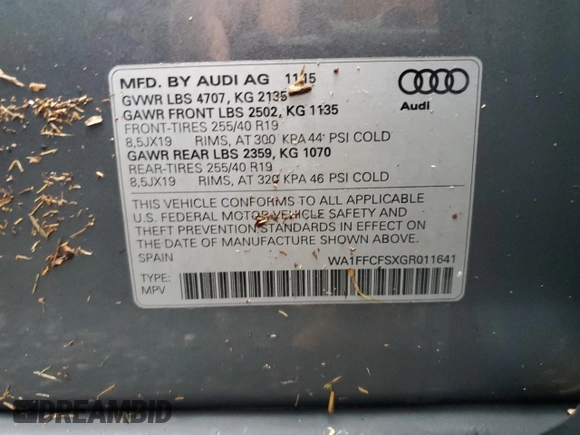 2016 Audi Q3 Prestige with VIN WA1FFCFSXGR011641, listed as a Copart auction lot 74736744 with 52,431 mi miles and Non repairable. Bid and sale history available at DreamBid. Image 14.