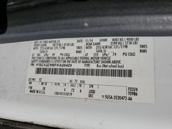 2015 Ford Transit Wagon XL with VIN 1FBZX2ZM6FKA26429, listed as a Copart auction lot 46733685 with 182,495 mi miles and Clean Title. Bid and sale history available at carsss.com. Image 13.
