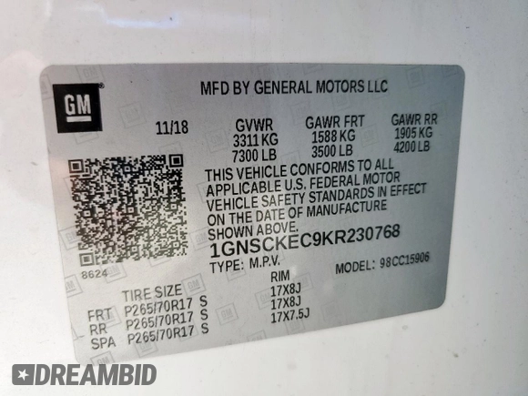2019 Chevrolet Suburban with VIN 1GNSCKEC9KR230768, listed as a Copart auction lot 58822915 with 96,823 mi miles and Salvage title. Bid and sale history available at DreamBid. Image 13.
