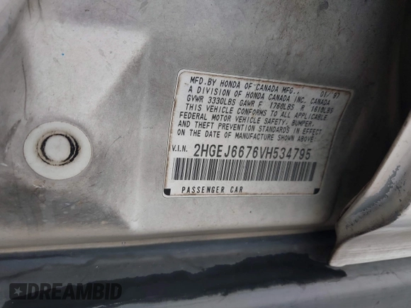 1997 Honda Civic LX z VIN 2HGEJ6676VH534795, wystawiony jako IAAI lot #42170378 z przebiegiem 228 033 mil mil oraz . Historia ofert i sprzedaży dostępna na DreamBid. Obrazek 9.