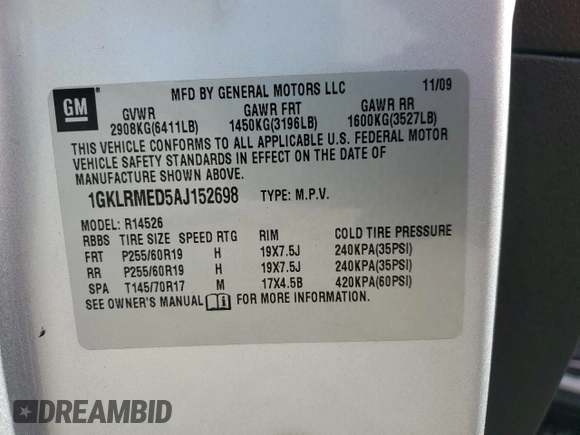 2010 GMC Acadia SLT1 with VIN 1GKLRMED5AJ152698, listed as a Copart auction lot 88130845 with 123,862 mi miles and Salvage title. Bid and sale history available at DreamBid. Image 13.