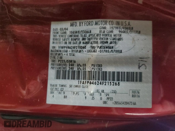 2004 Ford Mustang Deluxe with VIN 1FAFP44624F215268, listed as a Copart auction lot 60558755 with Not provided miles and Salvage title. Bid and sale history available at DreamBid. Image 12.