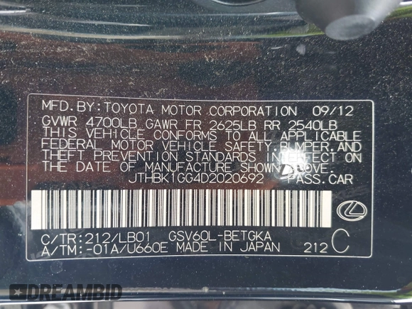 2013 Lexus ES 250 с VIN JTHBK1GG4D2020692, выставлен на аукционе IAAI как лот 41940872 с пробегом 84 522 миль миль и . История ставок и продаж доступна на DreamBid. Изображение 9.