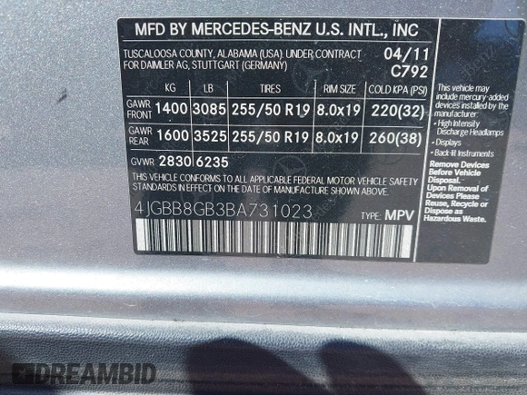 2011 Mercedes-Benz M 350 with VIN 4JGBB8GB3BA731023, listed as a IAAI auction lot 41711902 with 111,201 mi miles and . Bid and sale history available at DreamBid. Image 9.