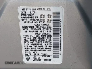 2005 Nissan Murano SL with VIN JN8AZ08W65W443815, listed as a IAAI auction lot 42143822 with 113,824 mi miles and . Bid and sale history available at carsss.com. Image 9.