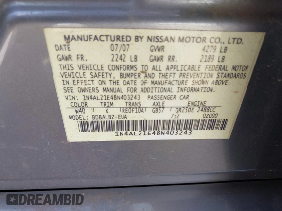 2008 Nissan Altima SL with VIN 1N4AL21E48N403243, listed as a IAAI auction lot 41899463 with 21,656 mi miles and . Bid and sale history available at carsss.com. Image 9.