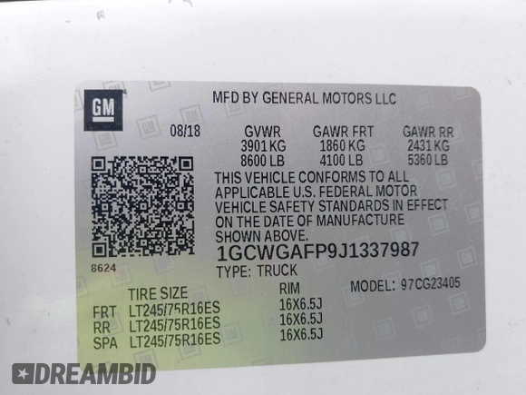 2018 Chevrolet Express Cargo с VIN 1GCWGAFP9J1337987, выставлен на аукционе IAAI как лот 42358735 с пробегом 83 798 миль миль и . История ставок и продаж доступна на DreamBid. Изображение 9.