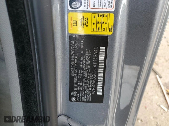2010 BMW 3 Series 328i with VIN WBAWB3C51AP139640, listed as a Copart auction lot 46573795 with 97,921 mi miles and Salvage Title. Bid and sale history available at carsss.com. Image 13.