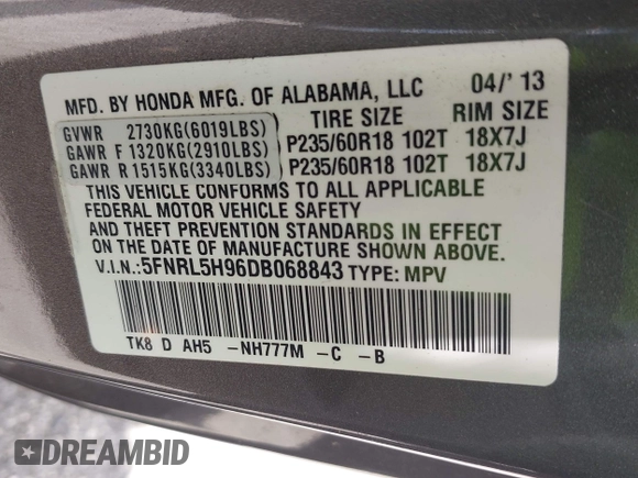 2013 Honda Odyssey Touring with VIN 5FNRL5H96DB068843, listed as a IAAI auction lot 42312176 with 115,804 mi miles and . Bid and sale history available at DreamBid. Image 9.