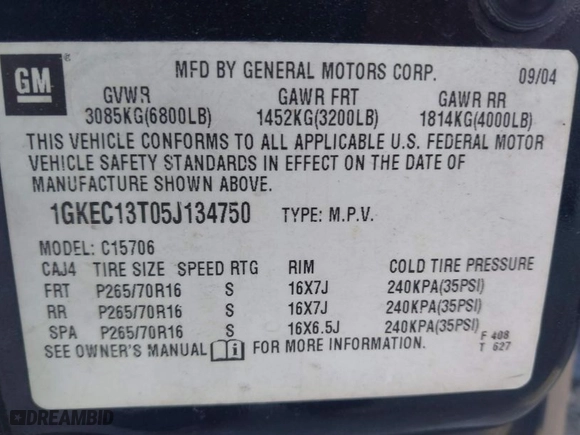 2005 GMC Yukon SLT with VIN 1GKEC13T05J134750, listed as a IAAI auction lot 41653276 with 1 mi miles. Bid and sale history available at carsss.com. Image 9.