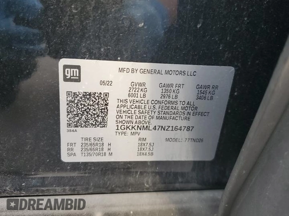 2022 GMC Acadia SLT z VIN 1GKKNML47NZ164787, wystawiony jako Copart lot #44960685 z przebiegiem 47 925 mil mil oraz Szkoda całkowita • Salvage title. Historia ofert i sprzedaży dostępna na DreamBid. Obrazek 13.