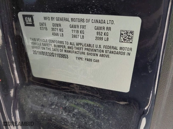 2016 Chevrolet Impala Limited LT with VIN 2G1WB5E32G1103853, listed as a IAAI auction lot 41437138 with 1 mi miles. Bid and sale history available at carsss.com. Image 9.