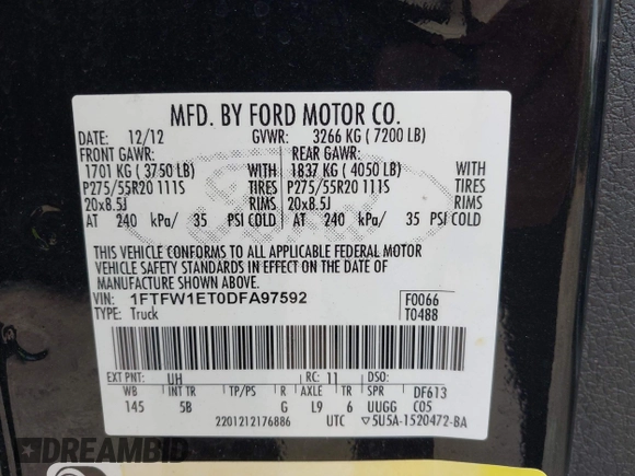 2013 Ford F-150 XL with VIN 1FTFW1ET0DFA97592, listed as a IAAI auction lot 42026885 with 165,091 mi miles. Bid and sale history available at carsss.com. Image 9.