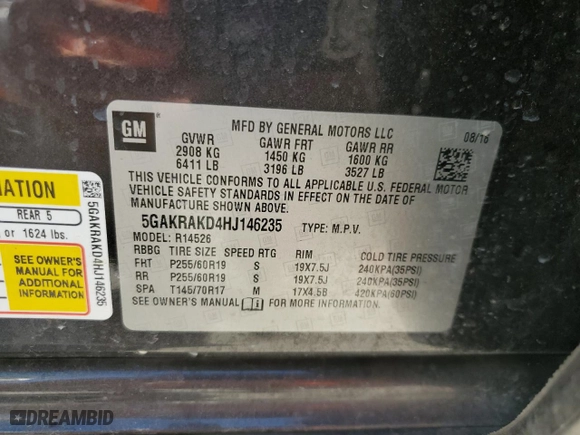 2017 Buick Enclave Convenience with VIN 5GAKRAKD4HJ146235, listed as a Copart auction lot 85975164 with 109,849 mi miles and Salvage Title. Bid and sale history available at carsss.com. Image 13.