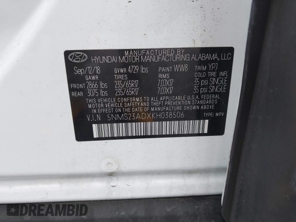 2019 Hyundai Santa Fe SE with VIN 5NMS23ADXKH038506, listed as a IAAI auction lot 42407399 with 54,540 mi miles and . Bid and sale history available at DreamBid. Image 9.