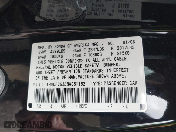 2008 Honda Accord LX z VIN 1HGCP26348A081162, wystawiony jako IAAI lot #42082787 z przebiegiem 164 805 mil mil oraz . Historia ofert i sprzedaży dostępna na DreamBid. Obrazek 9.