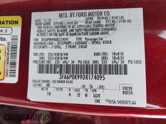 2013 Ford Fusion Titanium with VIN 3FA6P0K99DR174095, listed as a IAAI auction lot 42037806 with 81,514 mi miles. Bid and sale history available at carsss.com. Image 9.