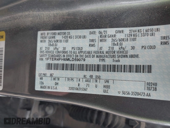 2021 Ford Ranger XL with VIN 1FTER4FH6MLD59079, listed as a IAAI auction lot 41706219 with 67,842 mi miles and . Bid and sale history available at DreamBid. Image 9.