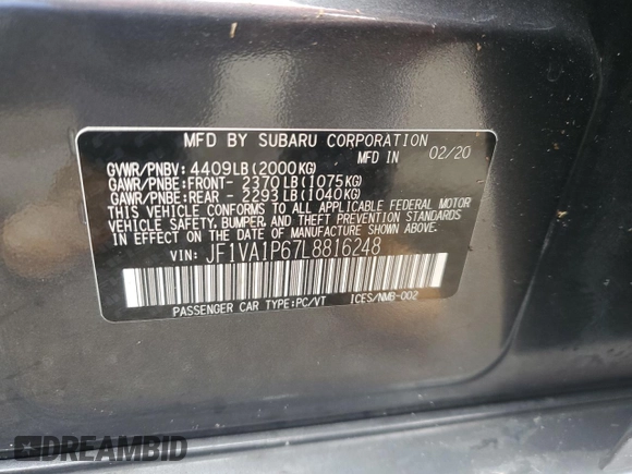 2020 Subaru WRX Limited with VIN JF1VA1P67L8816248, listed as a Copart auction lot 74749164 with Not provided miles and Salvage title. Bid and sale history available at DreamBid. Image 13.