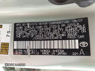 2008 Toyota Prius with VIN JTDKB20U883304818, listed as a IAAI auction lot 41884464 with 152,568 mi miles. Bid and sale history available at carsss.com. Image 9.