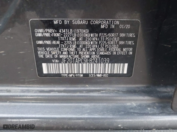 2020 Subaru Crosstrek Premium with VIN JF2GTAPC9L8241039, listed as a IAAI auction lot 42018676 with 58,146 mi miles. Bid and sale history available at carsss.com. Image 9.