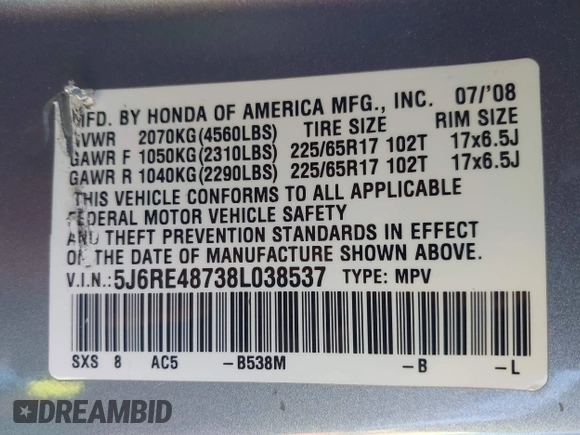2008 Honda CR-V EX-L with VIN 5J6RE48738L038537, listed as a IAAI auction lot 41839277 with 207,305 mi miles. Bid and sale history available at carsss.com. Image 9.