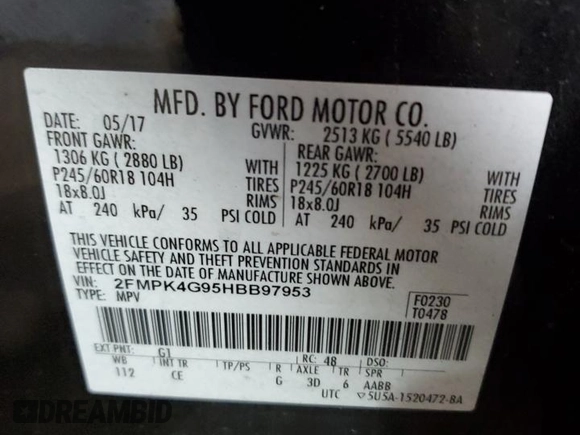2017 Ford Edge SE with VIN 2FMPK4G95HBB97953, listed as a Copart auction lot 61246105 with Not provided miles and Clean title. Bid and sale history available at DreamBid. Image 13.