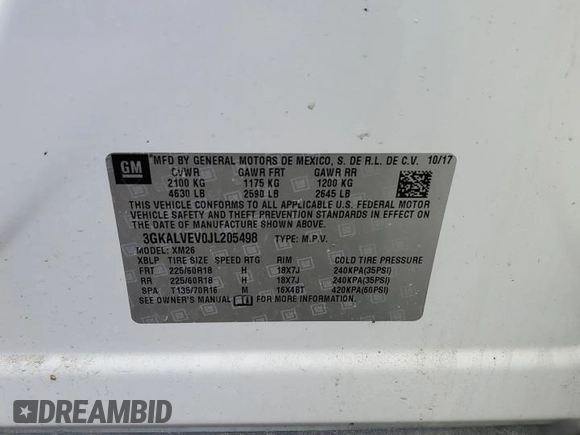 2018 GMC Terrain SLT with VIN 3GKALVEV0JL205498, listed as a Copart auction lot 46434345 with 118,259 mi miles and Salvage Title. Bid and sale history available at DreamBid. Image 13.