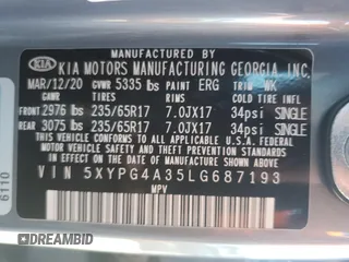 2020 Kia Sorento LX with VIN 5XYPG4A35LG687193, listed as a Copart auction lot 47012195 with 0 mi miles and Salvage Title. Bid and sale history available at carsss.com. Image 15.