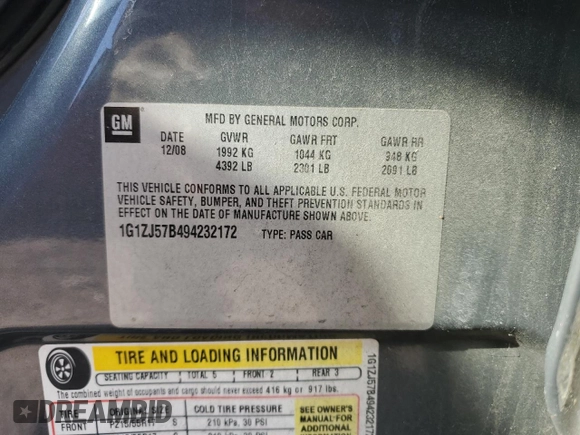 2009 Chevrolet Malibu 2LT with VIN 1G1ZJ57B494232172, listed as a Copart auction lot 47024085 with 162,352 mi miles and Salvage Title. Bid and sale history available at DreamBid. Image 12.