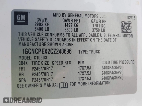 2012 Chevrolet Silverado 1500 Work Truck with VIN 1GCNCPEX2CZ248696, listed as a IAAI auction lot 42045677 with 41,427 mi miles and . Bid and sale history available at DreamBid. Image 9.