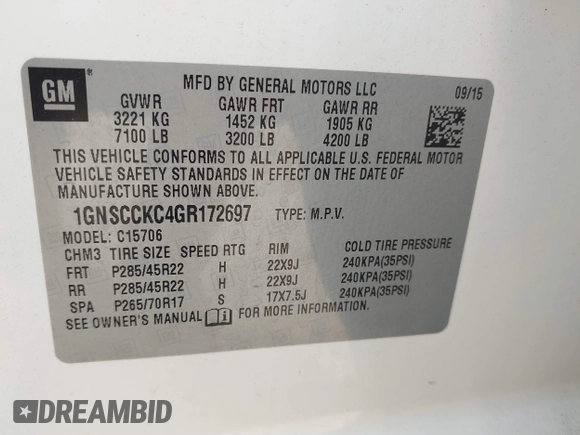 2016 Chevrolet Tahoe LTZ with VIN 1GNSCCKC4GR172697, listed as a IAAI auction lot 42490744 with 125,967 mi miles and . Bid and sale history available at DreamBid. Image 9.