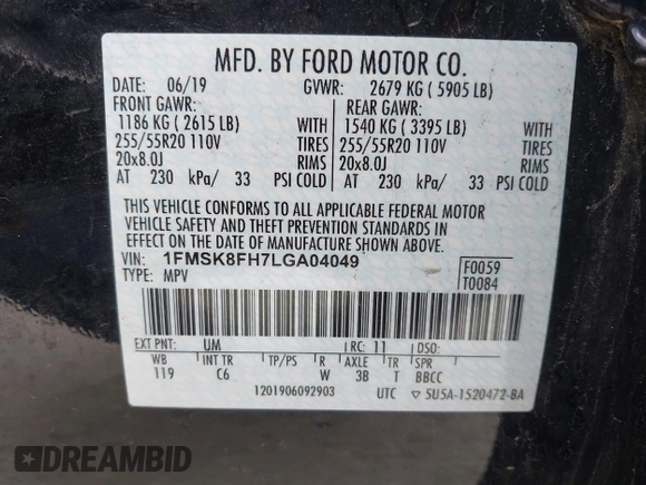 2020 Ford Explorer Limited with VIN 1FMSK8FH7LGA04049, listed as a IAAI auction lot 42052744 with 74,297 mi miles and . Bid and sale history available at DreamBid. Image 9.